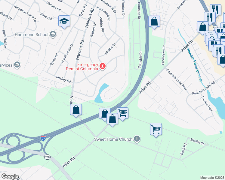 map of restaurants, bars, coffee shops, grocery stores, and more near 1195 Rockwood Road in Columbia