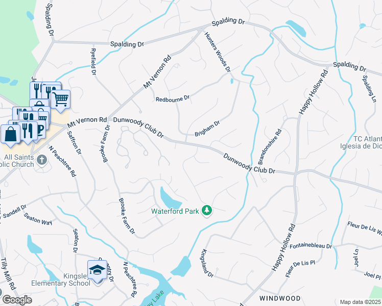 map of restaurants, bars, coffee shops, grocery stores, and more near 5352 Waterford Drive in Dunwoody