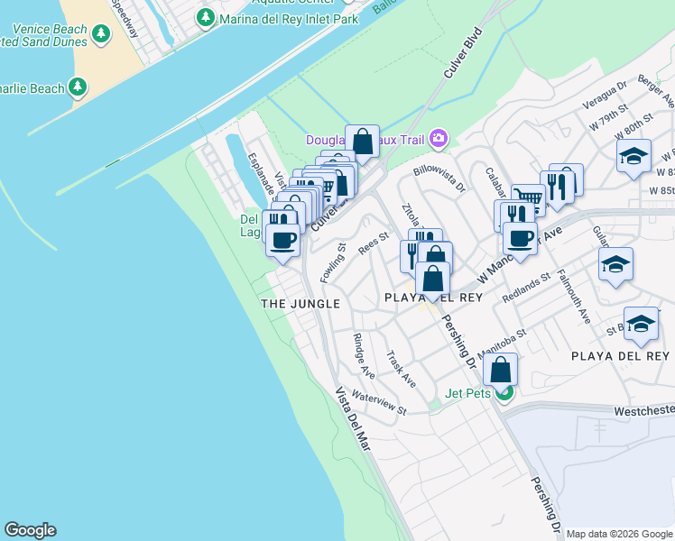 map of restaurants, bars, coffee shops, grocery stores, and more near 229 Rees Street in Los Angeles
