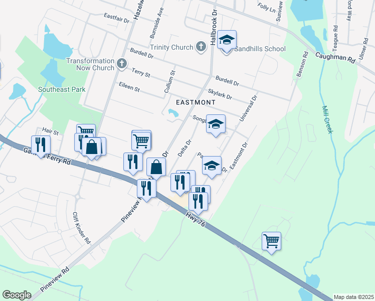 map of restaurants, bars, coffee shops, grocery stores, and more near 912 Delta Drive in Columbia