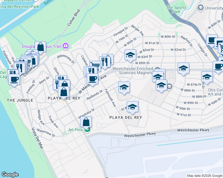 map of restaurants, bars, coffee shops, grocery stores, and more near 8050 Redlands Street in Los Angeles