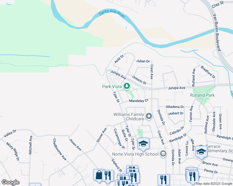 map of restaurants, bars, coffee shops, grocery stores, and more near 7051 Idyllwild Lane in Riverside