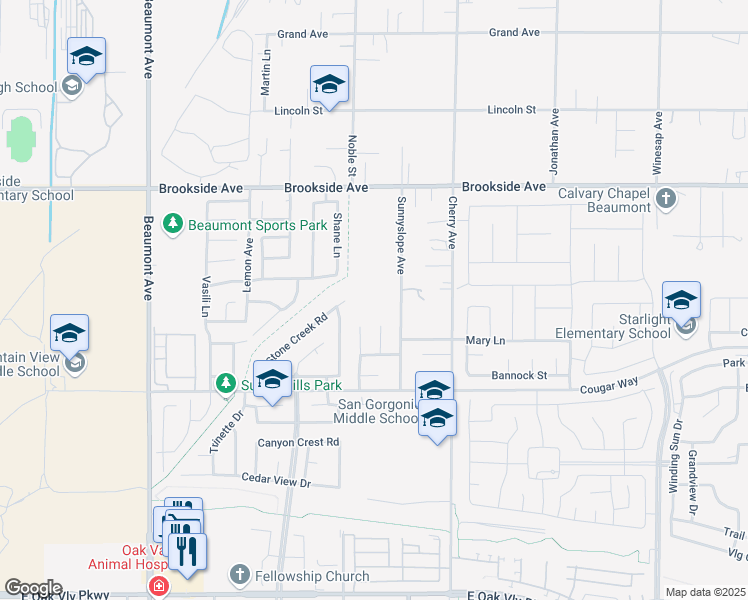 map of restaurants, bars, coffee shops, grocery stores, and more near 11345 Sunnyslope Avenue in Beaumont