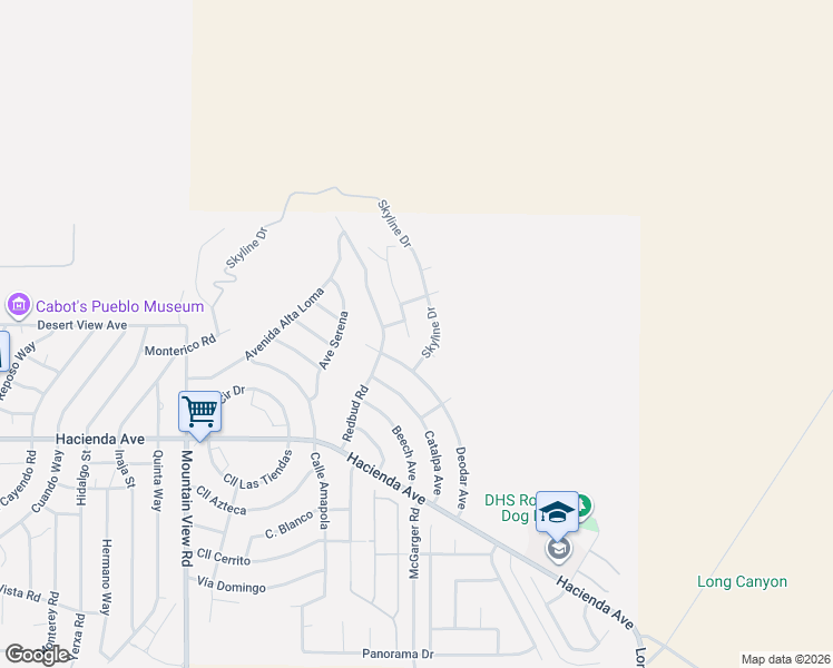 map of restaurants, bars, coffee shops, grocery stores, and more near 12565 Skyline Drive in Desert Hot Springs