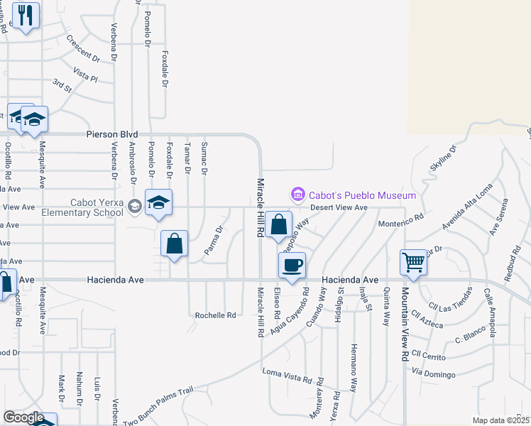 map of restaurants, bars, coffee shops, grocery stores, and more near 12617 Miracle Hill Road in Desert Hot Springs