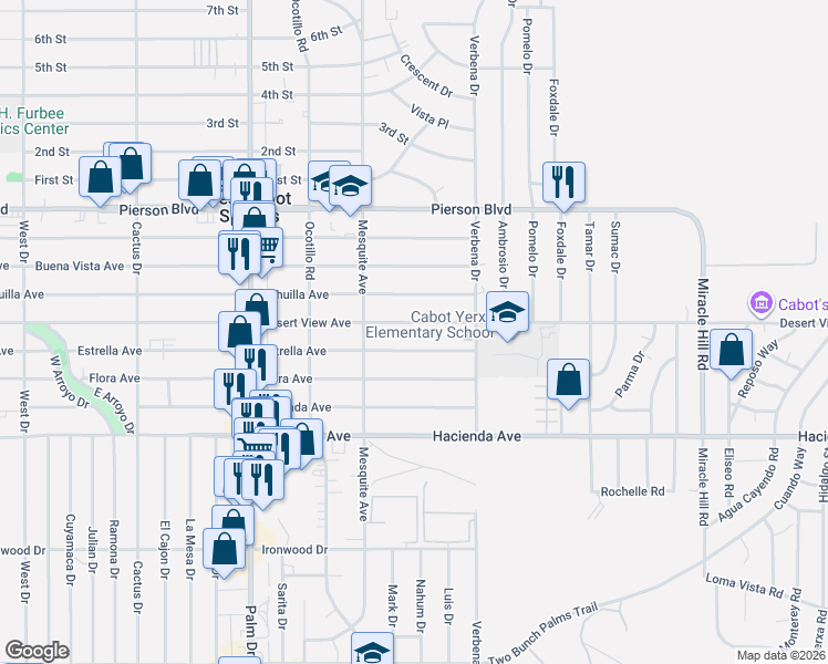 map of restaurants, bars, coffee shops, grocery stores, and more near 66890 Estrella Avenue in Desert Hot Springs