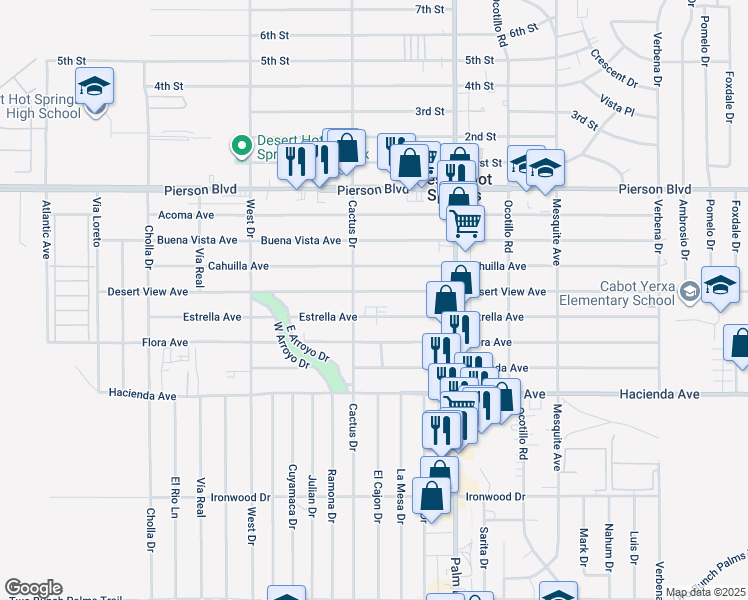 map of restaurants, bars, coffee shops, grocery stores, and more near 66290 Estrella Avenue in Desert Hot Springs