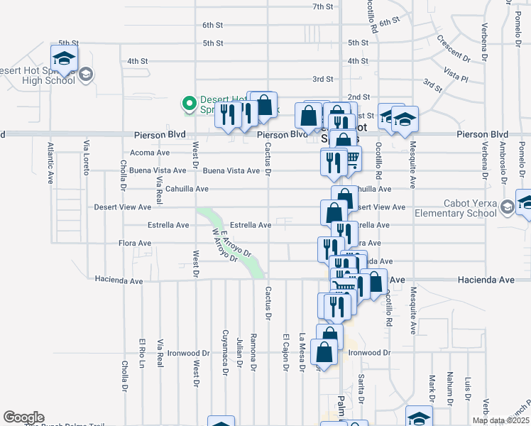map of restaurants, bars, coffee shops, grocery stores, and more near 66212 Estrella Avenue in Desert Hot Springs