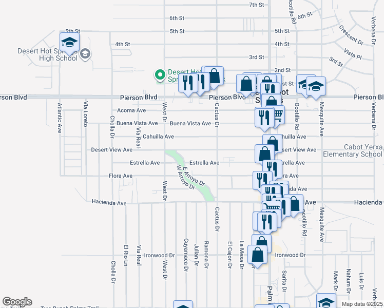map of restaurants, bars, coffee shops, grocery stores, and more near 66114 Estrella Avenue in Desert Hot Springs