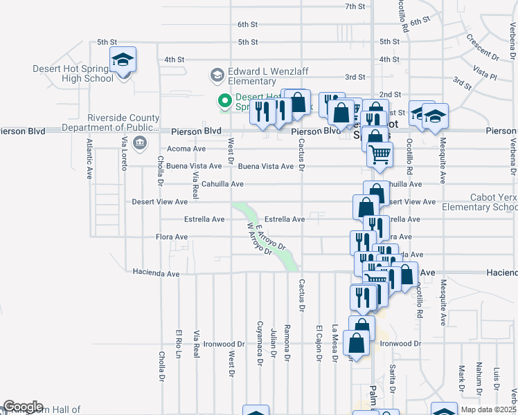 map of restaurants, bars, coffee shops, grocery stores, and more near 66114 Estrella Avenue in Desert Hot Springs