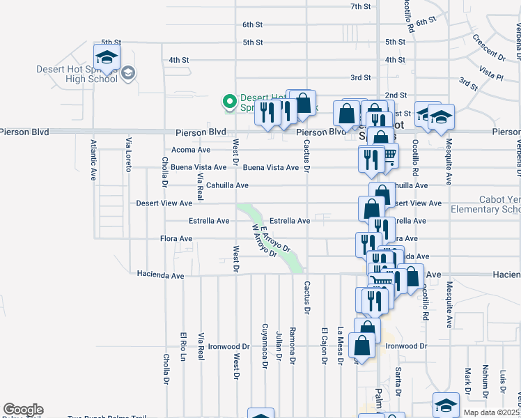map of restaurants, bars, coffee shops, grocery stores, and more near 66114 Estrella Avenue in Desert Hot Springs
