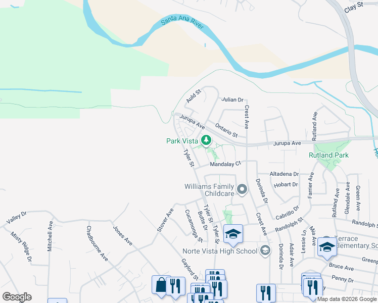 map of restaurants, bars, coffee shops, grocery stores, and more near 7045 Idyllwild Lane in Riverside