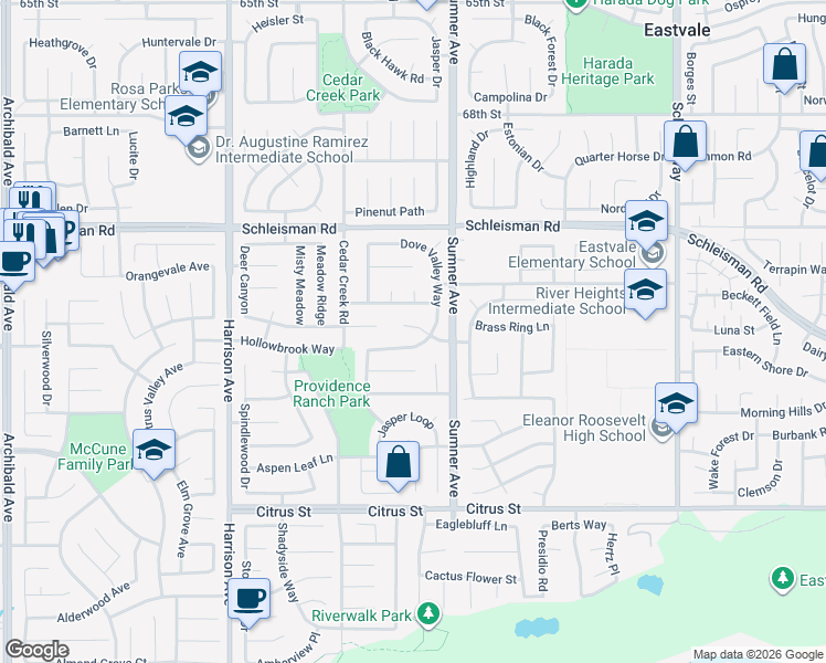 map of restaurants, bars, coffee shops, grocery stores, and more near 13486 Pheasant Way in Corona
