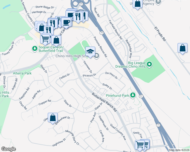 map of restaurants, bars, coffee shops, grocery stores, and more near 16306 Sisley Drive in Chino Hills
