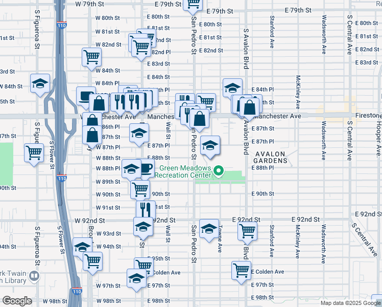 map of restaurants, bars, coffee shops, grocery stores, and more near 234 East 88th Street in Los Angeles