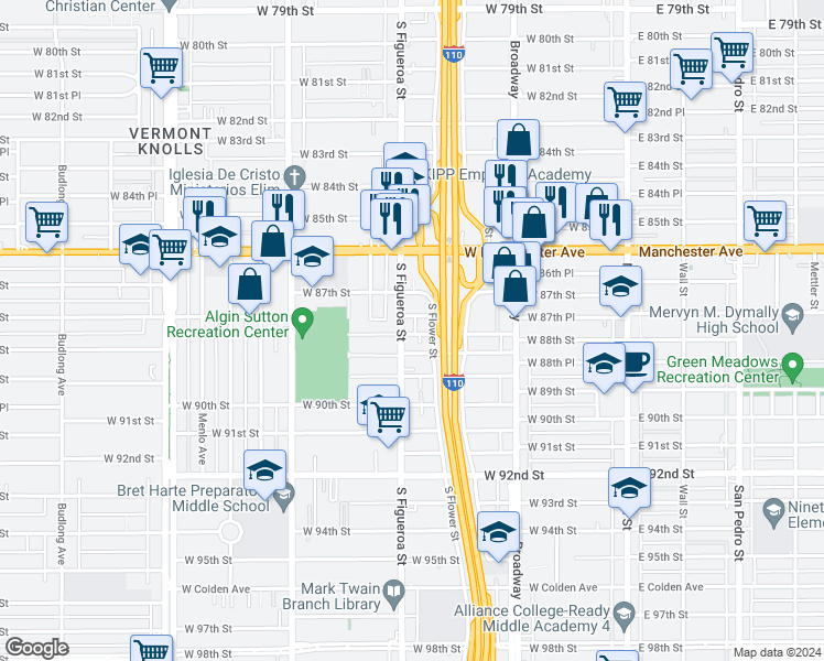 map of restaurants, bars, coffee shops, grocery stores, and more near 8810 South Figueroa Street in Los Angeles