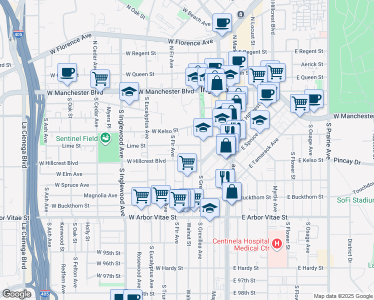map of restaurants, bars, coffee shops, grocery stores, and more near 123 West Hillcrest Boulevard in Inglewood