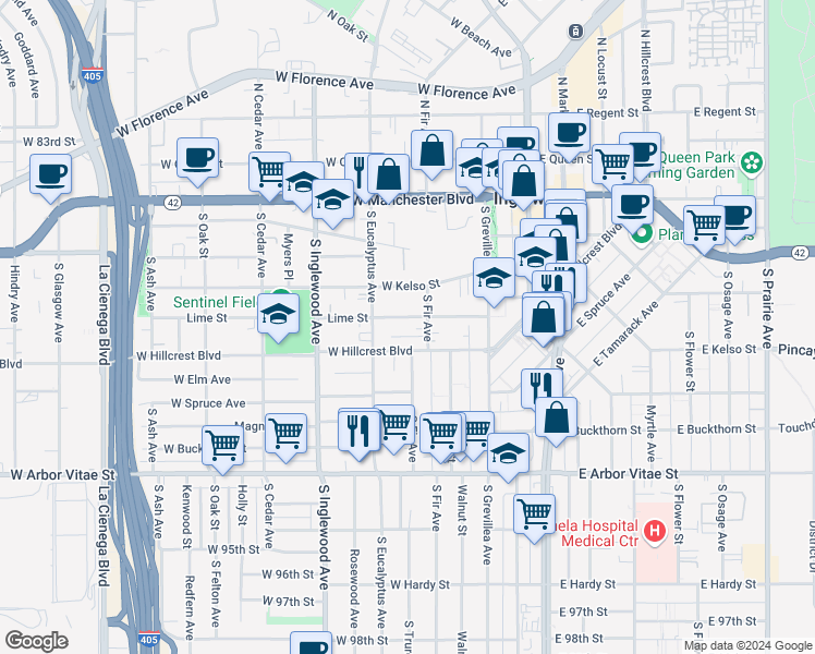 map of restaurants, bars, coffee shops, grocery stores, and more near 521 South Fir Avenue in Inglewood