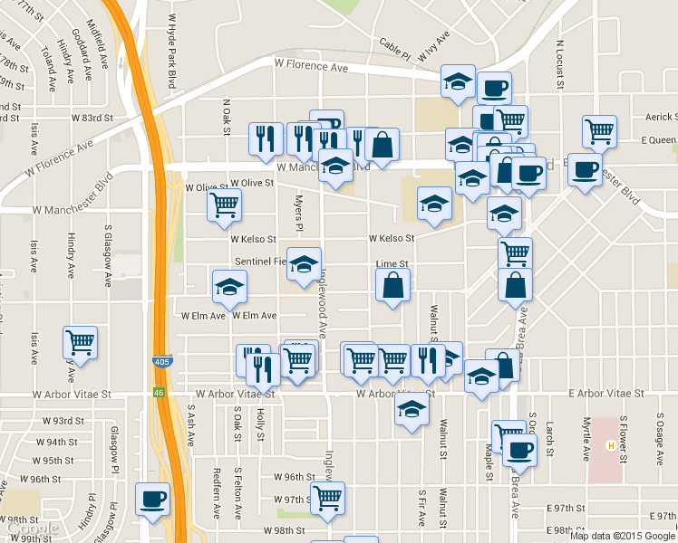 map of restaurants, bars, coffee shops, grocery stores, and more near 323 West Hillcrest Boulevard in Inglewood