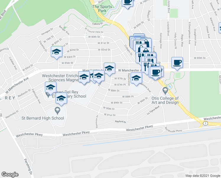 map of restaurants, bars, coffee shops, grocery stores, and more near 7370 West 88th Street in Los Angeles