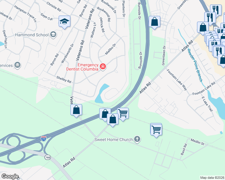 map of restaurants, bars, coffee shops, grocery stores, and more near 1195 Rockwood Road in Columbia