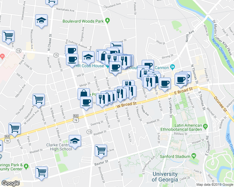 map of restaurants, bars, coffee shops, grocery stores, and more near 337 Reese Street in Athens