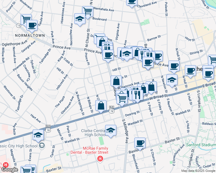 map of restaurants, bars, coffee shops, grocery stores, and more near 325 North Milledge Avenue in Athens
