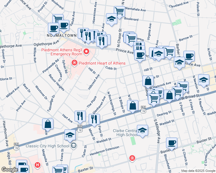 map of restaurants, bars, coffee shops, grocery stores, and more near 230 Indale Avenue in Athens
