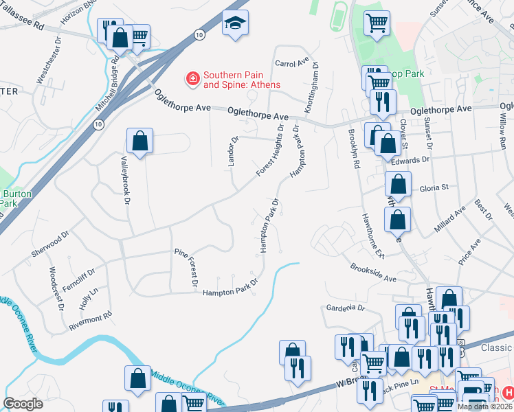 map of restaurants, bars, coffee shops, grocery stores, and more near 107 Berkeshire Court in Athens