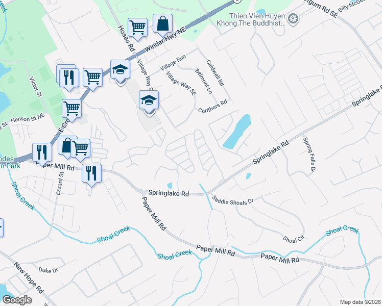 map of restaurants, bars, coffee shops, grocery stores, and more near 130 Springbottom Drive Southeast in Lawrenceville
