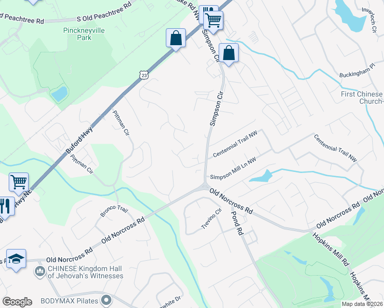 map of restaurants, bars, coffee shops, grocery stores, and more near 4727 Cambridge Mews Court in Duluth