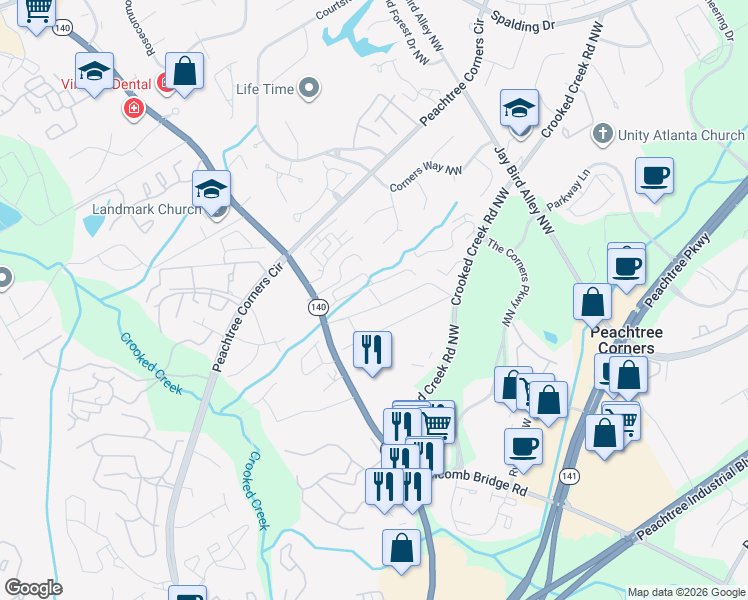 map of restaurants, bars, coffee shops, grocery stores, and more near 6218 Brookwood Road in Norcross