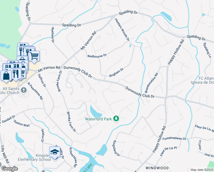map of restaurants, bars, coffee shops, grocery stores, and more near 5352 Waterford Drive in Dunwoody