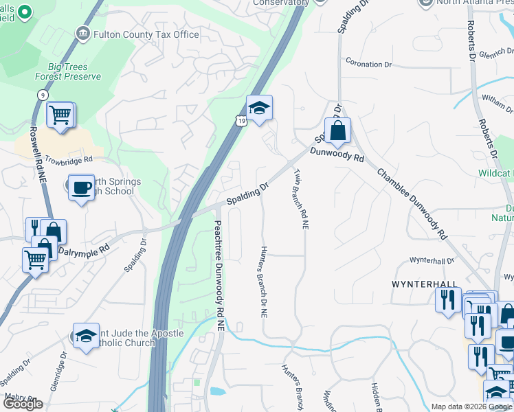 map of restaurants, bars, coffee shops, grocery stores, and more near 7380 Hunters Branch Drive Northeast in Atlanta