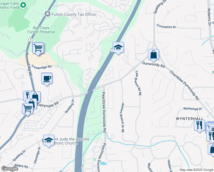 map of restaurants, bars, coffee shops, grocery stores, and more near 360 Wembley Circle in Atlanta