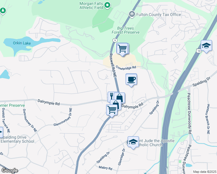 map of restaurants, bars, coffee shops, grocery stores, and more near 602 Brighton Point in Sandy Springs