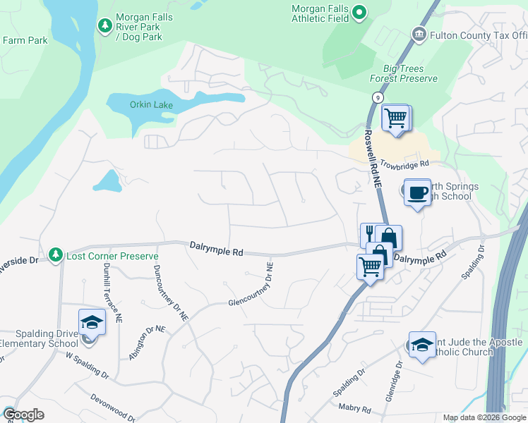 map of restaurants, bars, coffee shops, grocery stores, and more near 180 Old College Way Northeast in Atlanta