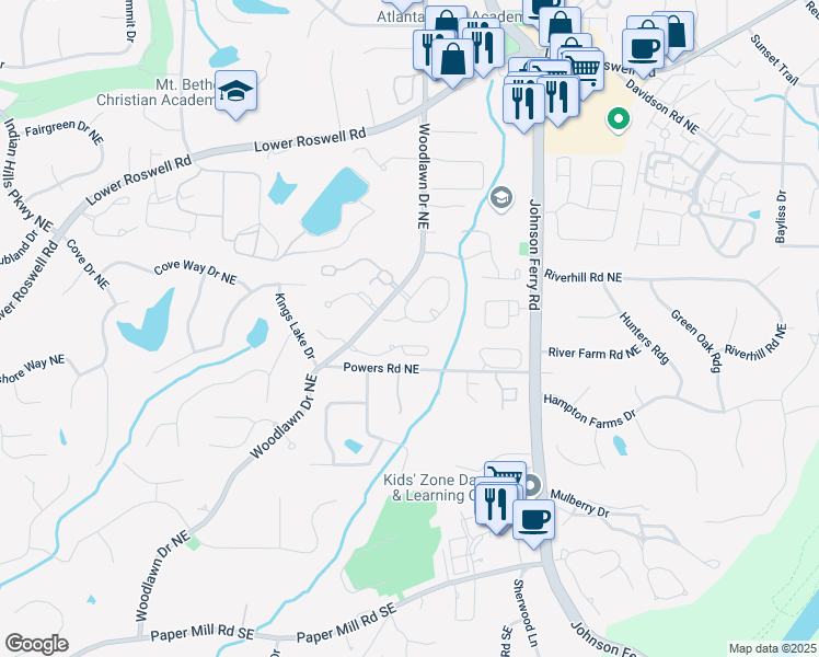 map of restaurants, bars, coffee shops, grocery stores, and more near 312 Declaire Way Northeast in Marietta