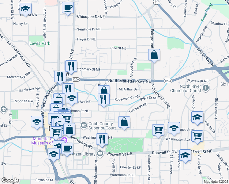 map of restaurants, bars, coffee shops, grocery stores, and more near 230 Cole Street Northeast in Marietta
