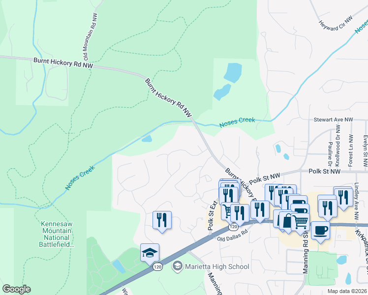 map of restaurants, bars, coffee shops, grocery stores, and more near 851 Devonwood Trail Northwest in Marietta