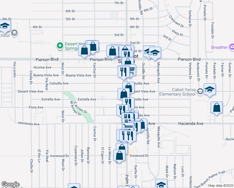 map of restaurants, bars, coffee shops, grocery stores, and more near 66425 Desert View Avenue in Desert Hot Springs