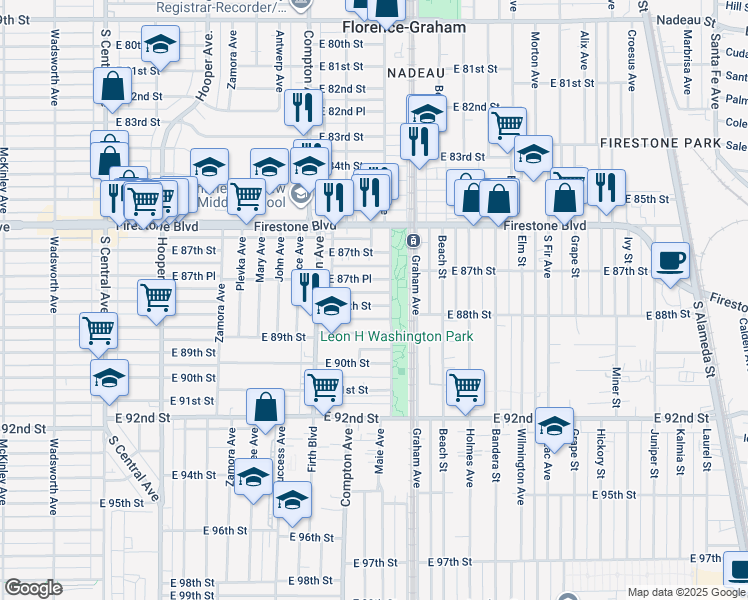 map of restaurants, bars, coffee shops, grocery stores, and more near 1627 East 88th Street in Los Angeles