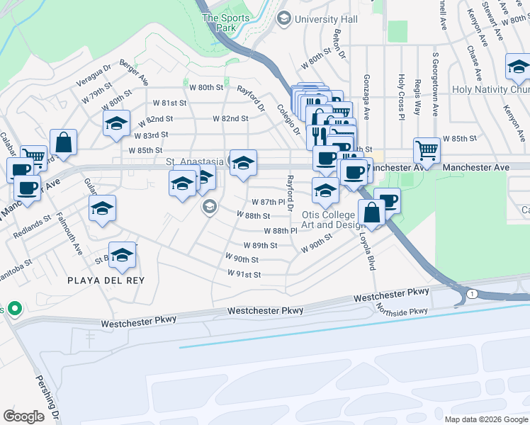 map of restaurants, bars, coffee shops, grocery stores, and more near 7343 West 88th Street in Los Angeles