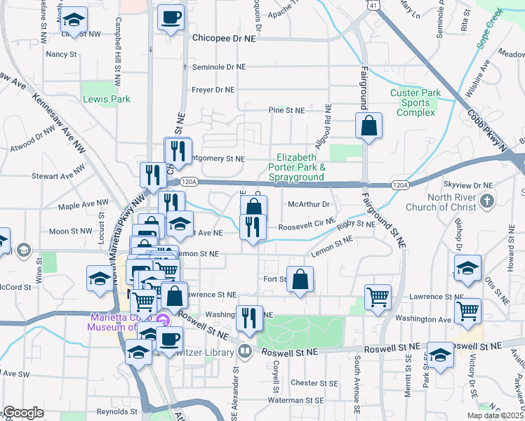 map of restaurants, bars, coffee shops, grocery stores, and more near 250 Cole Street Northeast in Marietta