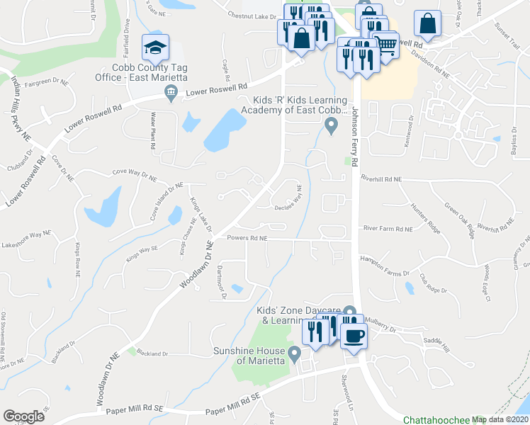 map of restaurants, bars, coffee shops, grocery stores, and more near 4764 Sologne Court in Marietta