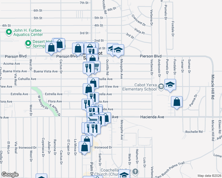 map of restaurants, bars, coffee shops, grocery stores, and more near 66642 Estrella Avenue in Desert Hot Springs
