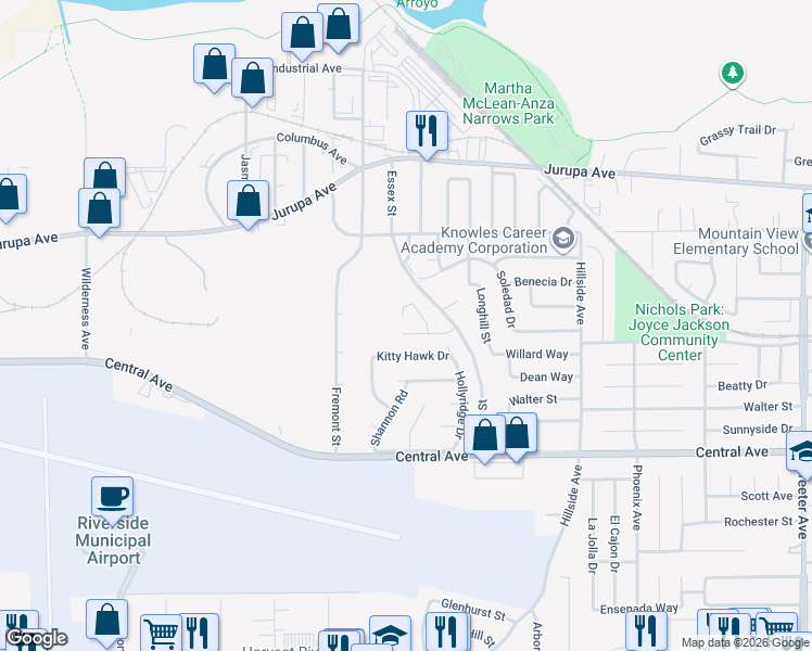 map of restaurants, bars, coffee shops, grocery stores, and more near 6028 Maybelle Street in Riverside