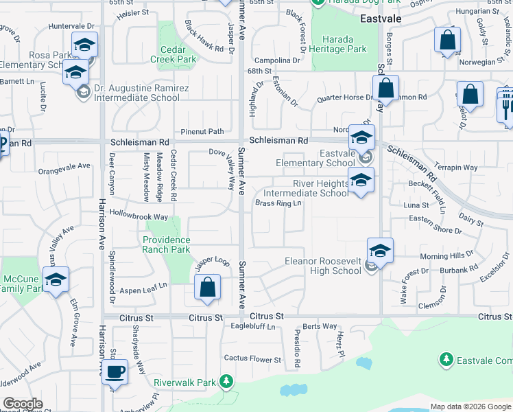 map of restaurants, bars, coffee shops, grocery stores, and more near 7215 Cari Court in Corona