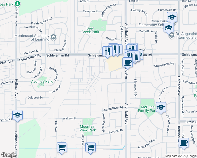 map of restaurants, bars, coffee shops, grocery stores, and more near 7213 Meurice Circle in Corona