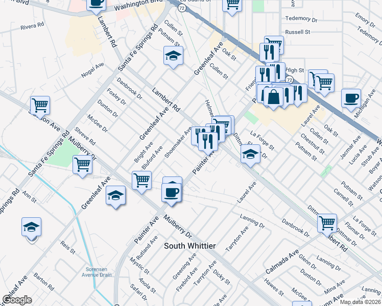 map of restaurants, bars, coffee shops, grocery stores, and more near 13328 Danbrook Drive in Whittier